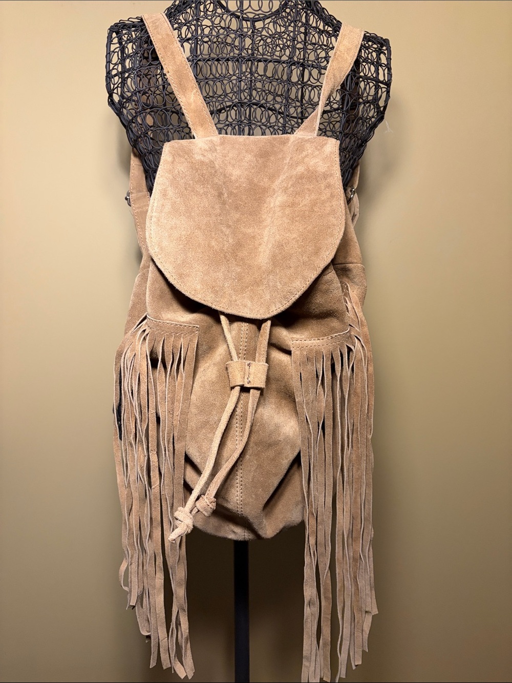 Aphorism Suede Fringe Backpack — Tan